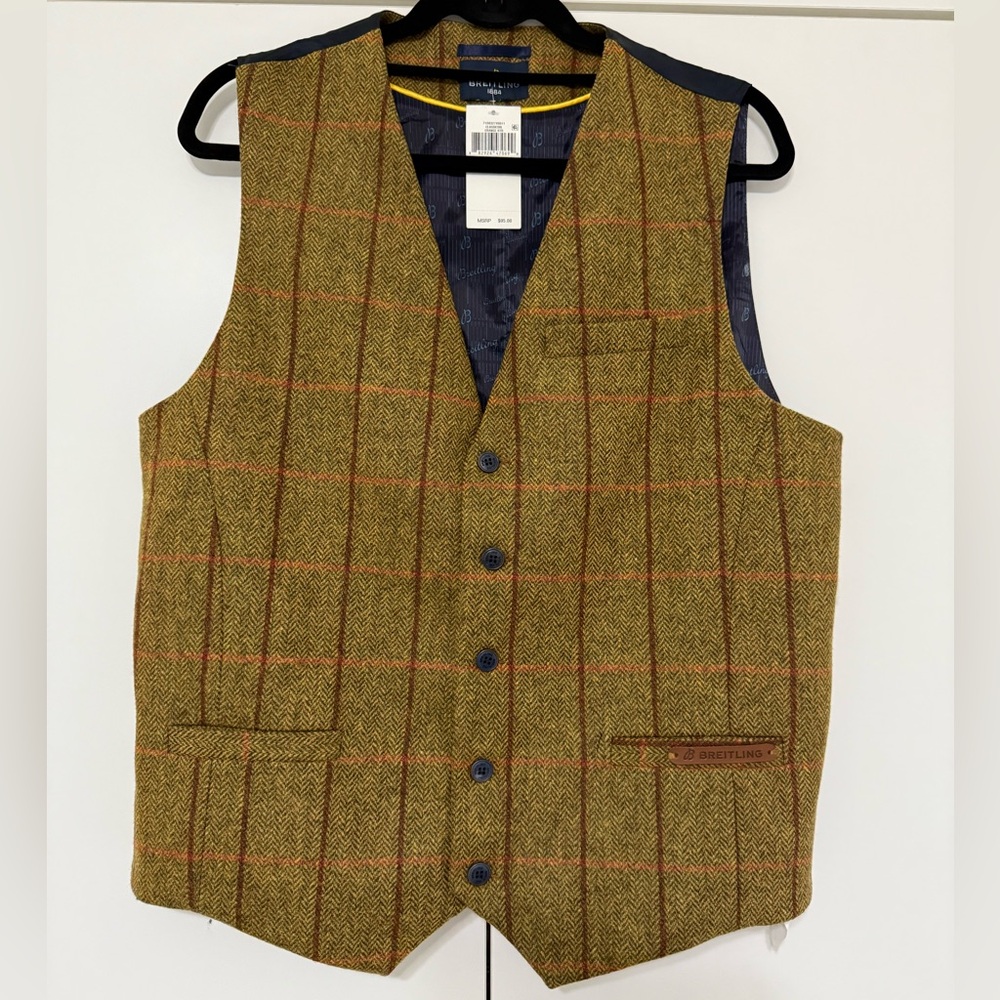 Breitling Olive Herringbone Wool Vest with Red Windowpane